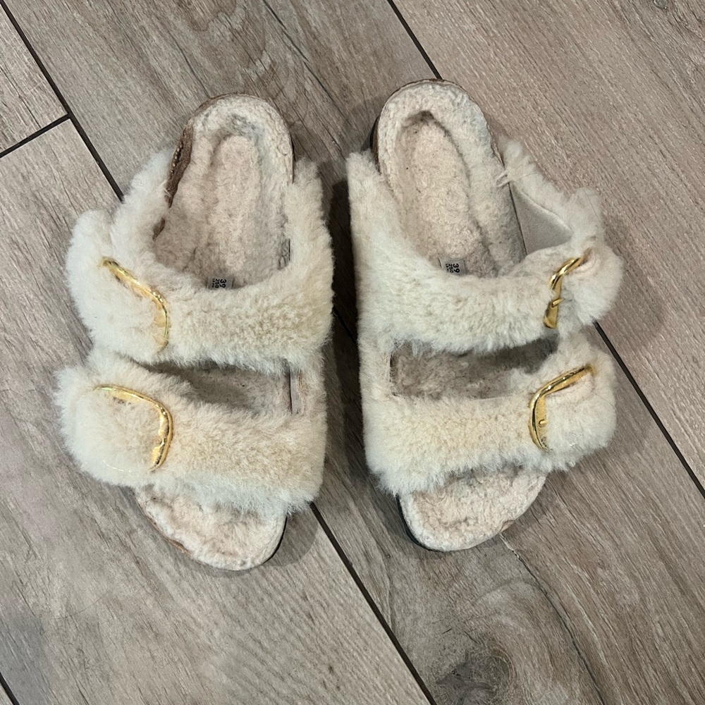 Birkenstock Cream Furry Sandals with Gold Buckles